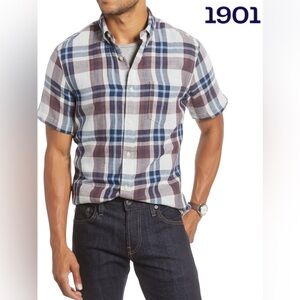 1901 Men’s Trim Fit Duo Plaid Short Sleeve Button-Down Sport Shirt